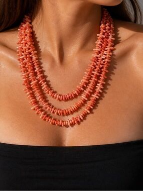 🆕 Luxe Peach Coral Nugget Necklace 🧡6-Strand 🧡Boho Coastal Glam Statement